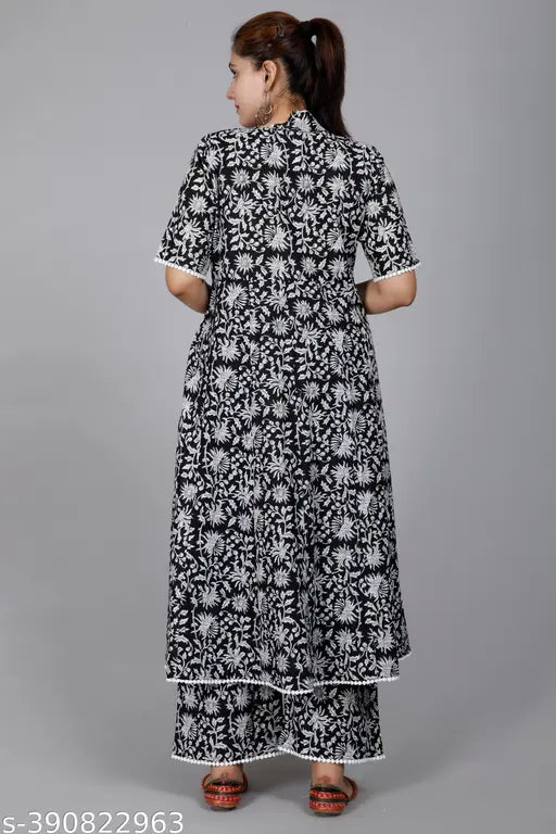 Black rayon Palazzo set with three-quarter sleeves, printed net pattern. Pack of 2 sizes: M, L, XL, XXL (Indian ethnic wear)