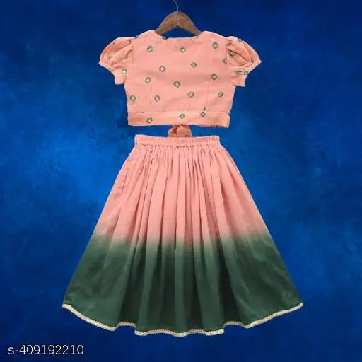 Colorblocked rayon lehenga choli set, short sleeves, printed pattern, stitched net, Indian traditional wear for girls aged 3-12 years