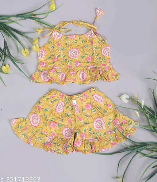 Yellow pure cotton floral printed kids girl's top & shorts set, multi-colored, trendy casual wear for playdates or family gatherings