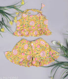Yellow pure cotton floral printed kids girl's top & shorts set, multi-colored, trendy casual wear for playdates or family gatherings