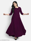 Women's solid heavy rayon flared gown with three-quarter sleeves, single color, ideal for formal events. Available in sizes S-XXXL, India origin