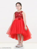 Red layered net party dress for girls aged 3-4 to 10-11 years, embellished with balloon motif, origin India