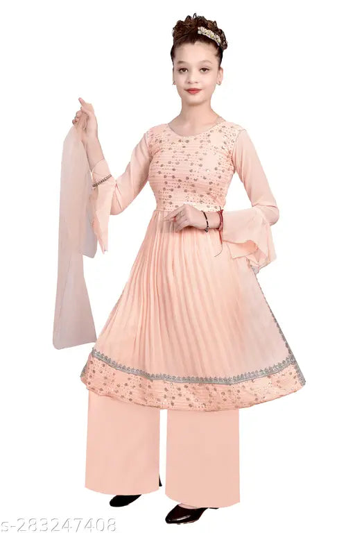 Georgette Anarkali Kurta Set with Dupatta and Sharara Bottoms, ethnic wear dress for kids ages 3-15, self-design pattern, three-quarter sleeves
