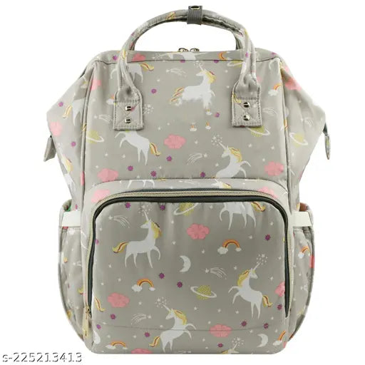 Grey unicon print diaper bag, spacious waterproof backpack with multiple pockets for baby essentials organization. Lightweight (550g), dimensions 42 x 26 x 14 cm. Smartly designed diaper bag for traveling moms