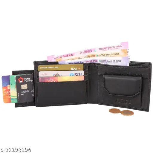 Canvas & leather, stylish men's ATM wallet, black artificial leather, 2 compartments, free size (11cm x 9cm), India-made accessory