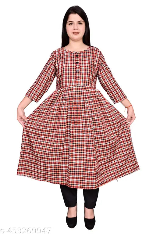 Woolen orange check frock with three-quarter sleeves, stylish long dress for women, India origin
