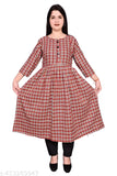 Woolen orange check frock with three-quarter sleeves, stylish long dress for women, India origin