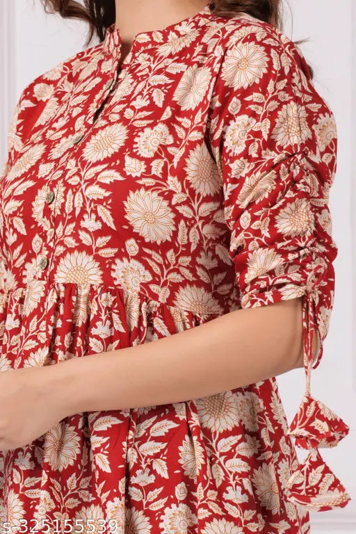 Maroon cotton designer top, three-quarter sleeves, printed net ethnic wear for women, tailored in India