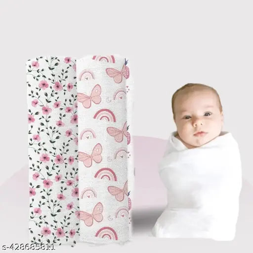 White cotton Baby Muslin Swaddlerpack 2 (100x100inch), ideal for AC room use, self-design print