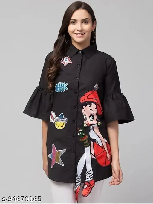 Premium Quality Cotton Women's Black Shirt, three-quarter sleeves, printed, M (38in bust, 27in length), L (40in bust, 27in length), XL (42in bust, 27in length). Indian cotton shirt for girls and women