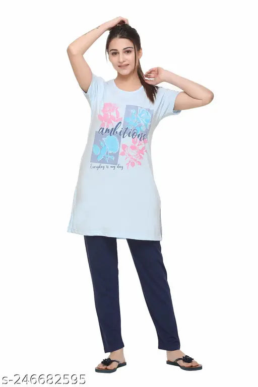 Women's cotton printed round neck regular fit long top & pyjama nightsuit set, India-made, colorful, casual loungewear