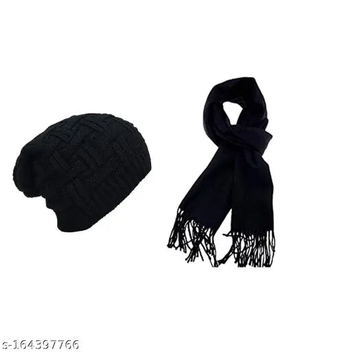 Multi-piece, free-size Shashank Soul Wool Beanie & Muffler Combo (Black) - Indian winter fashion essentials for men