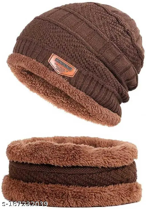 Woolen self-design men's capneck set (2p), comfortable and fashionable for cold winters. Soft touch, warm, durable beanie & scarf combo