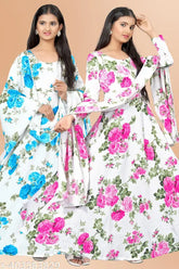 Crinkled Georgette Girls Party Gown, floral print with long sleeves and lacework details. Perfect for festive celebrations, aged 5-16 years