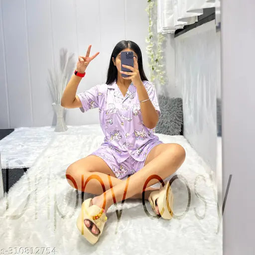 Unicorn print silk blend night suit, luxurious sleepwear featuring shirt, pajama, and shorts for M-XXXL sizes, India origin