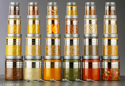 Silver clear plastic disposable food containers (24 pcs, 1200ml, 650ml, 350ml, 250ml), airtight and BPA-free for dry food storage