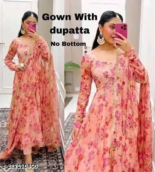 Printed Georgette pink office gown for collage and party wear, women's formal wear with long sleeves, India origin
