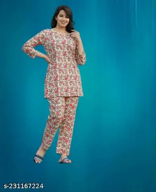 Pink flower cotton blend night dress for a relaxed sleep, featuring three-quarter sleeves and pocket detail