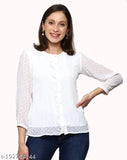 Embellished white Georgette top, 3/4 sleeves, round neckline. Prettify Casual Women's ethnic wear from India
