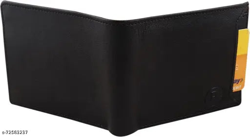 Black faux leather men's wallet, 5 card slots with zip pocket, elegant design, Indian origin