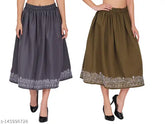 Crepe polyester, embroidered hem calf-length skirts (26, 28, 30, 32, 34 inches), India-made, set of 2 with elasticated belts