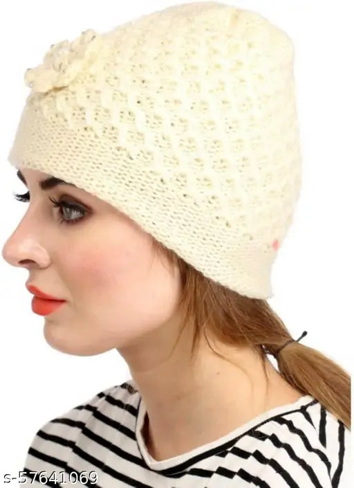Woolen beaded winter cap (2 pack) - soft, stretchable, warm for women & girls, trendy, assorted colors from India