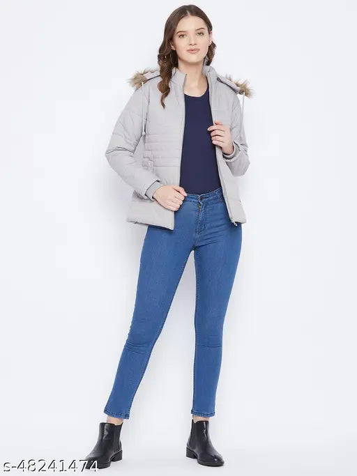 Polyester grey winter parka jacket, fancy glamorous women's coat with detachable faux fur hood, solid pattern, 4XL size from Vero Amore