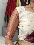 Traditional South Indian Lengha Choli set in Lichi Silk and Banarasi Silk, Zari-embroidered semi-stitched lehenga, unstitched blouse, and dupatta with tussles and belt, India origin