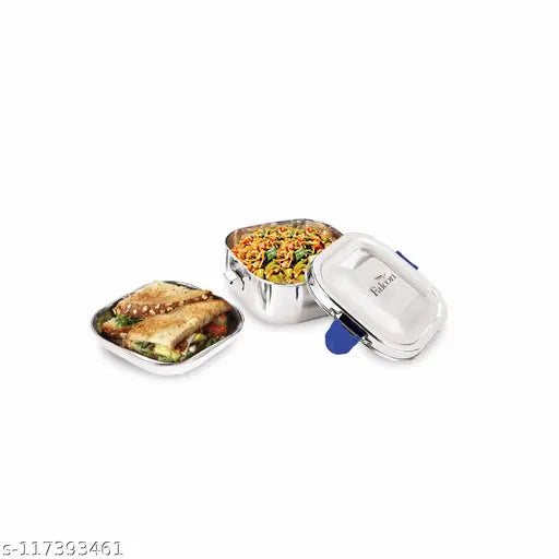 Blue stainless steel lunch box with plate (500ml), microoven-safe storage container for roti, rice, dal, and snacks