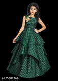 Silk sleeveless ethnic gowns by Rumal Chokadi, vibrant printed net design for kids aged 5-9 years, Indian origin