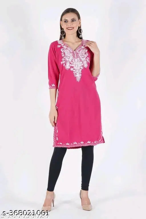 Stylish pink embroidered A-Line wool kurta, calf-length with three-quarter sleeves. Soft, cozy, and ideal for winter wear. Sizes available: L (Bust 40in), XL (Bust 42in), XXL (Bust 44in). Indian-made partywear