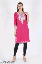 Stylish pink embroidered A-Line wool kurta, calf-length with three-quarter sleeves. Soft, cozy, and ideal for winter wear. Sizes available: L (Bust 40in), XL (Bust 42in), XXL (Bust 44in). Indian-made partywear