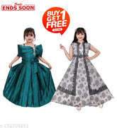 Grey & green embellished floral printed girls gown combo pack (2pcs), 100% pure black berry & Creta silk, Indian ethnic partywear, under 499