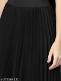 Women's stretchy pleated crepe skirt, full-length, flared hemline, elastic waistband, trendy fashion for all body types