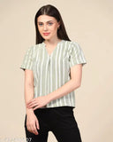Sunshine Glow striped scuba short sleeve V-neck women's basic tee, loose fit, soft & stretchy for casual wear