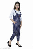 Women's cotton blend checked dungaree dress with three-quarter sleeves and stretchable lycra, newly trendy with damaged distress look. Blue dungarees perfect for casual weekends out. Made in India with stainless steel lock