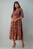 Brown rayon printed Anarkali Kurta with floral combo pattern, ideal for casual or party wear, Calf length (48 inches)