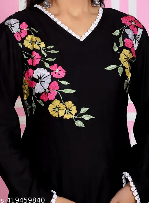 Black Rayon Flower-Embroidered Pakistani Kurta Set with Palazzos - Indian-made, printed net design