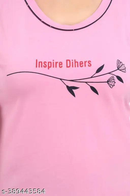 Pink cotton hosiery summer nightwear suite for women, featuring printed net top & bottom with short sleeves