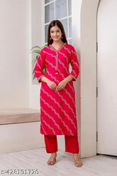 Rayon pink embroidered leheriya print kurta and palazzos set, perfect for party wear fashion