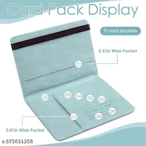 Blue PU Leather Travel Document Holder - RFID Blocking, includes 4 card slots, 1 passport slot, cash compartment, and SIM card slots. Durable abrasion-resistant design for easy access during travel