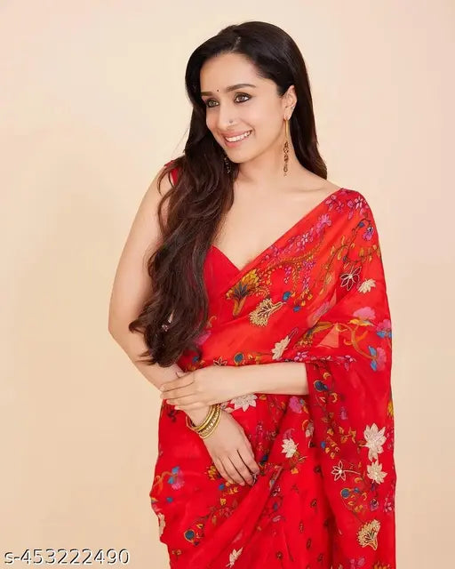 Red Georgette printed saree with free-size unstitched blouse piece, inspired by Shraddha Kapoor's style