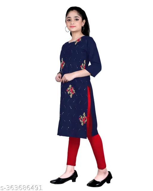Girls embroidered cotton rayon straight kurta, three-quarter sleeves, Indian kids' fashion on mannequin