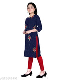 Girls embroidered cotton rayon straight kurta, three-quarter sleeves, Indian kids' fashion on mannequin