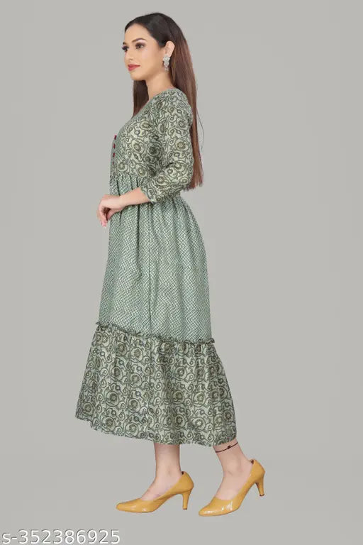 Layered cotton blend kurti gown, three-quarter sleeves, printed combo. Indian designer foil printed kurti on display