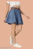 Stylish denim solid dark blue mini skirt with belt for women and girls, waist size 28-34, 17 inch length