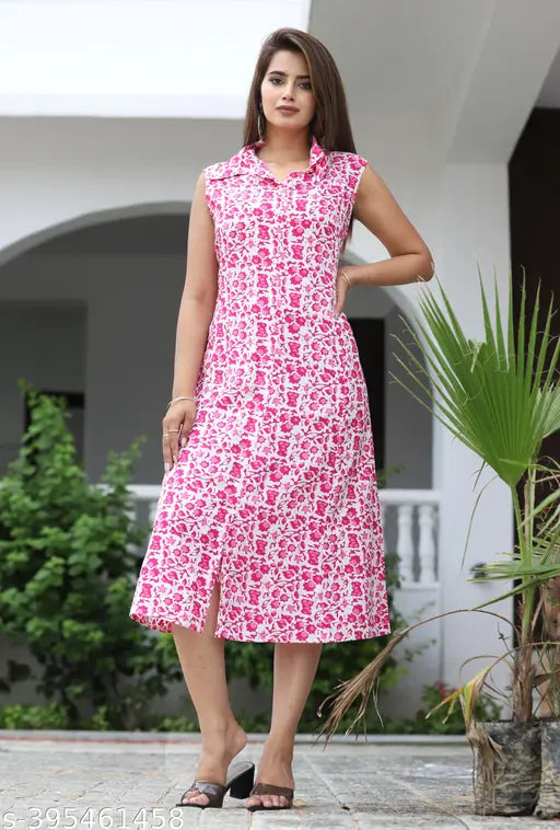 Pink rayon sleeveless A-Line kurti with digital print, ideal for casual & festive wear
