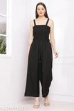 Black color women's solid 2-piece jumpsuit set in crepe fabric, short sleeves, available in sizes S, M, L, XL