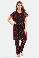 Small heart print satin pyjama set, color magic knee length kaftan night suit - premium quality, comfortable loungewear for relaxation