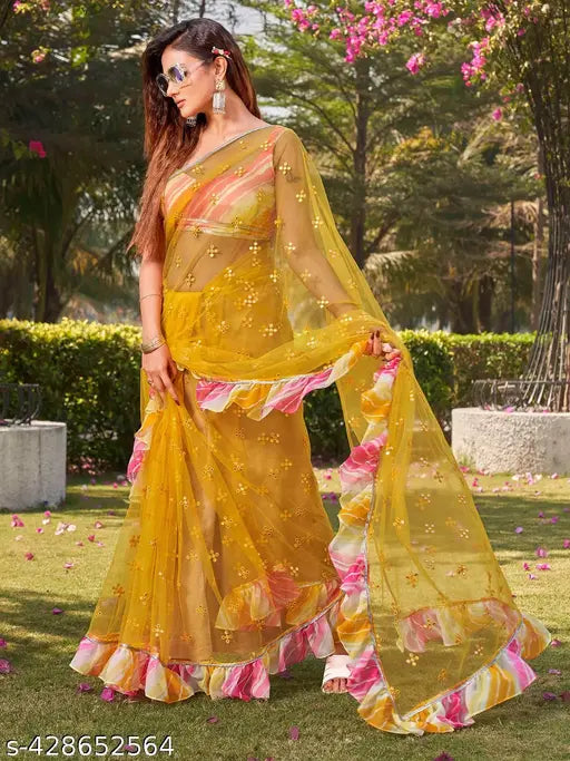 Embroidered printed saree with separate georgette blouse, perfect for festive celebrations, free size, mirror work with ruffal saree and leriya blouse, Indian origin